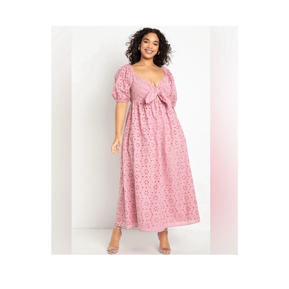 Eloquii Eyelet Tie Front Pink Tiered Maxi Dress Plus Size 16 100% Cotton XL
